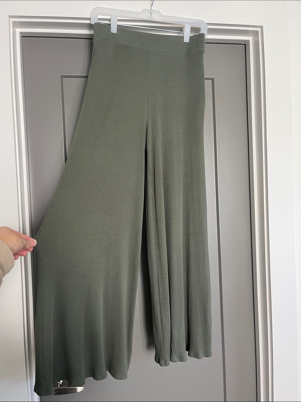 By Together Wide-Leg Knit Ribbed Pants in Olive Green